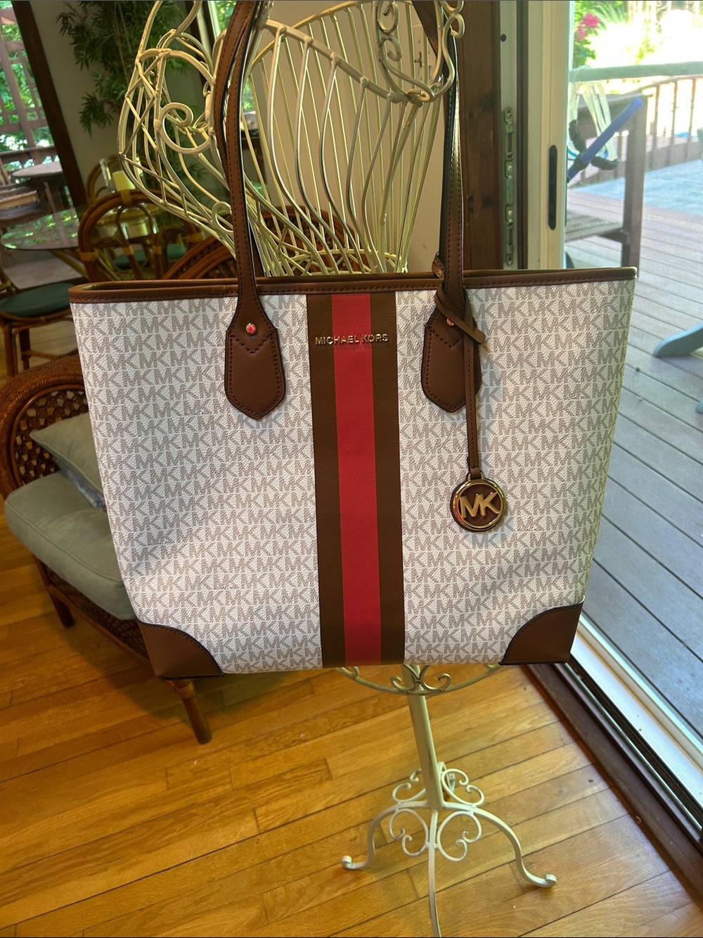 Michael Kors Cream Signature Tote with Brown Trim and Red/pinkCenter Stripe - Picture 4 of 4